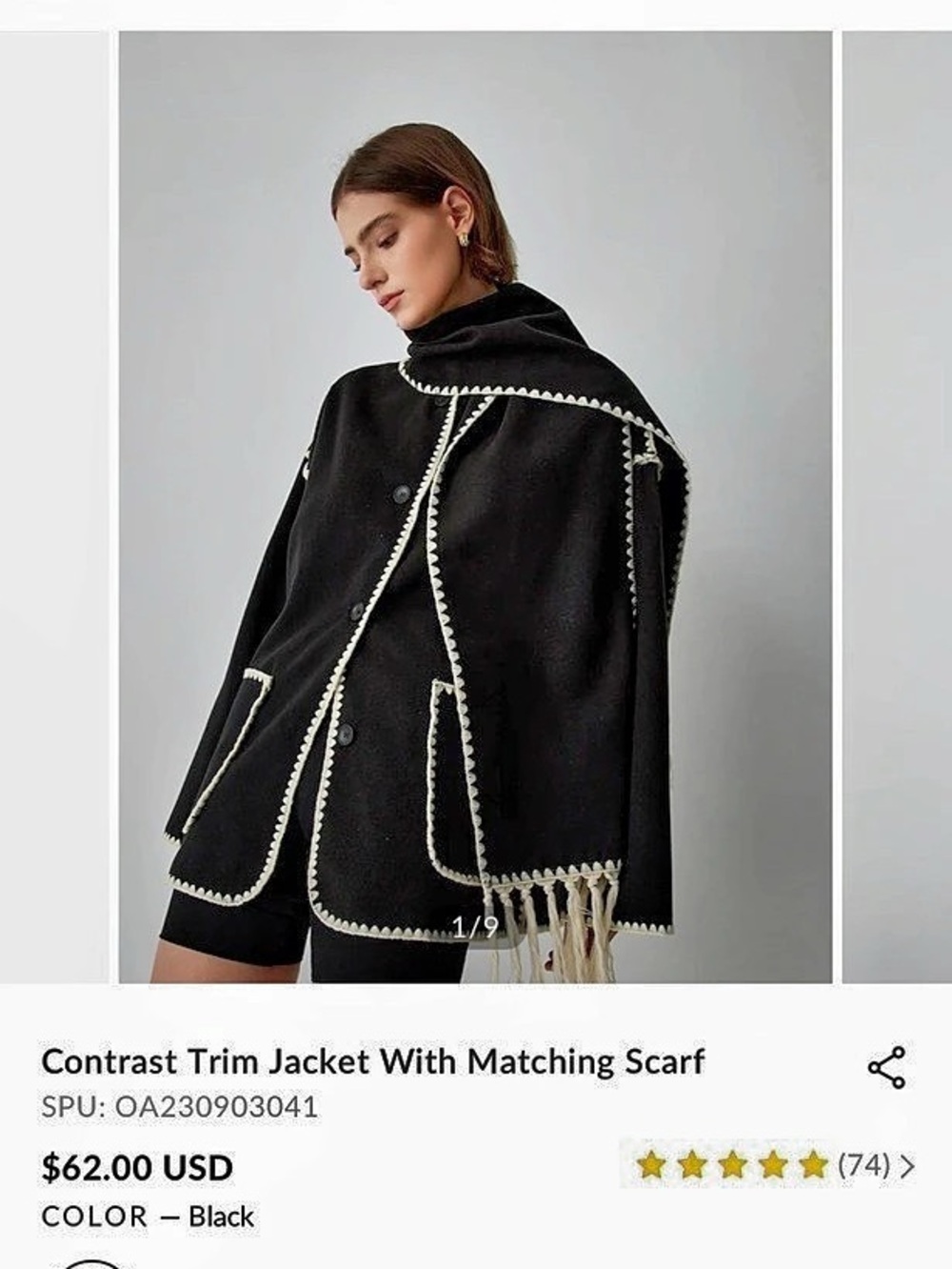 Commense Contrast Trim Jacket with Matching Scarf Black XS